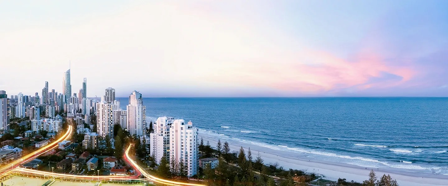broadbeach-most-walkable-corner Broadbeach coastline, beach and skyline at dusk near Opus Broadbeach